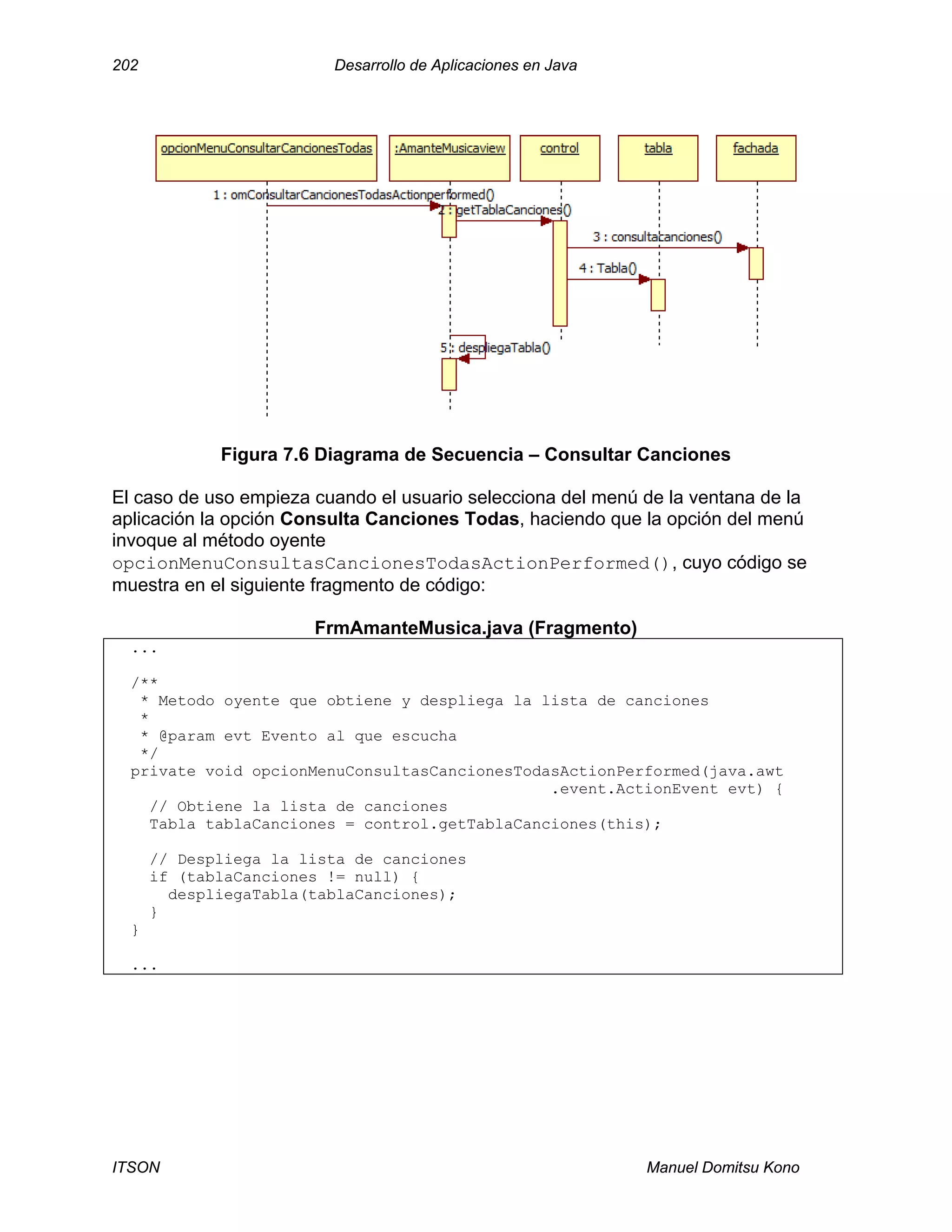 202 Desarrollo de Aplicaciones en Java
ITSON Manuel Domitsu Kono
Figura 7.6 Diagrama de Secuencia – Consultar Canciones
El caso de uso empieza cuando el usuario selecciona del menú de la ventana de la
aplicación la opción Consulta Canciones Todas, haciendo que la opción del menú
invoque al método oyente
opcionMenuConsultasCancionesTodasActionPerformed(), cuyo código se
muestra en el siguiente fragmento de código:
FrmAmanteMusica.java (Fragmento)
...
/**
* Metodo oyente que obtiene y despliega la lista de canciones
*
* @param evt Evento al que escucha
*/
private void opcionMenuConsultasCancionesTodasActionPerformed(java.awt
.event.ActionEvent evt) {
// Obtiene la lista de canciones
Tabla tablaCanciones = control.getTablaCanciones(this);
// Despliega la lista de canciones
if (tablaCanciones != null) {
despliegaTabla(tablaCanciones);
}
}
...
 