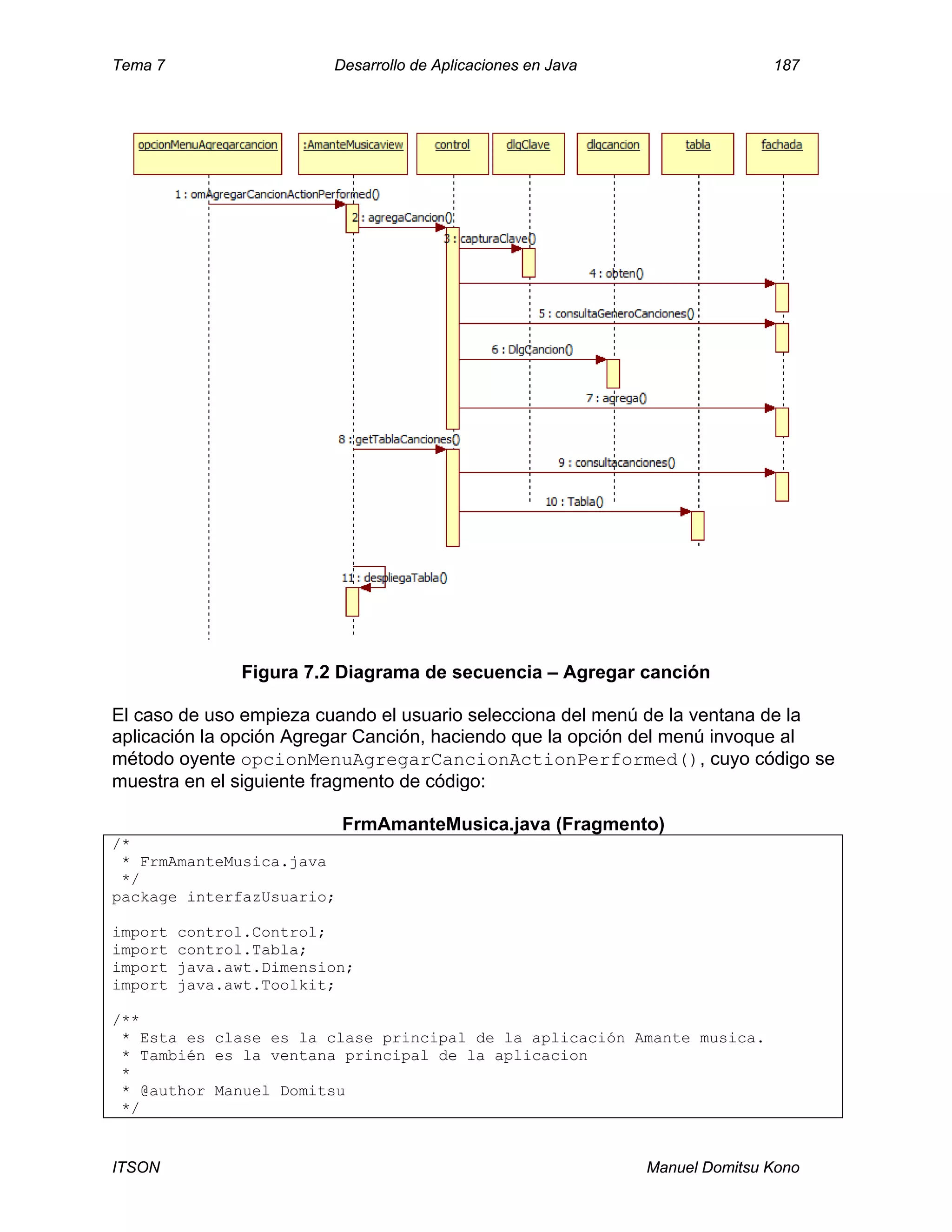 Tema 7 Desarrollo de Aplicaciones en Java 187
ITSON Manuel Domitsu Kono
Figura 7.2 Diagrama de secuencia – Agregar canción
El caso de uso empieza cuando el usuario selecciona del menú de la ventana de la
aplicación la opción Agregar Canción, haciendo que la opción del menú invoque al
método oyente opcionMenuAgregarCancionActionPerformed(), cuyo código se
muestra en el siguiente fragmento de código:
FrmAmanteMusica.java (Fragmento)
/*
* FrmAmanteMusica.java
*/
package interfazUsuario;
import control.Control;
import control.Tabla;
import java.awt.Dimension;
import java.awt.Toolkit;
/**
* Esta es clase es la clase principal de la aplicación Amante musica.
* También es la ventana principal de la aplicacion
*
* @author Manuel Domitsu
*/
 