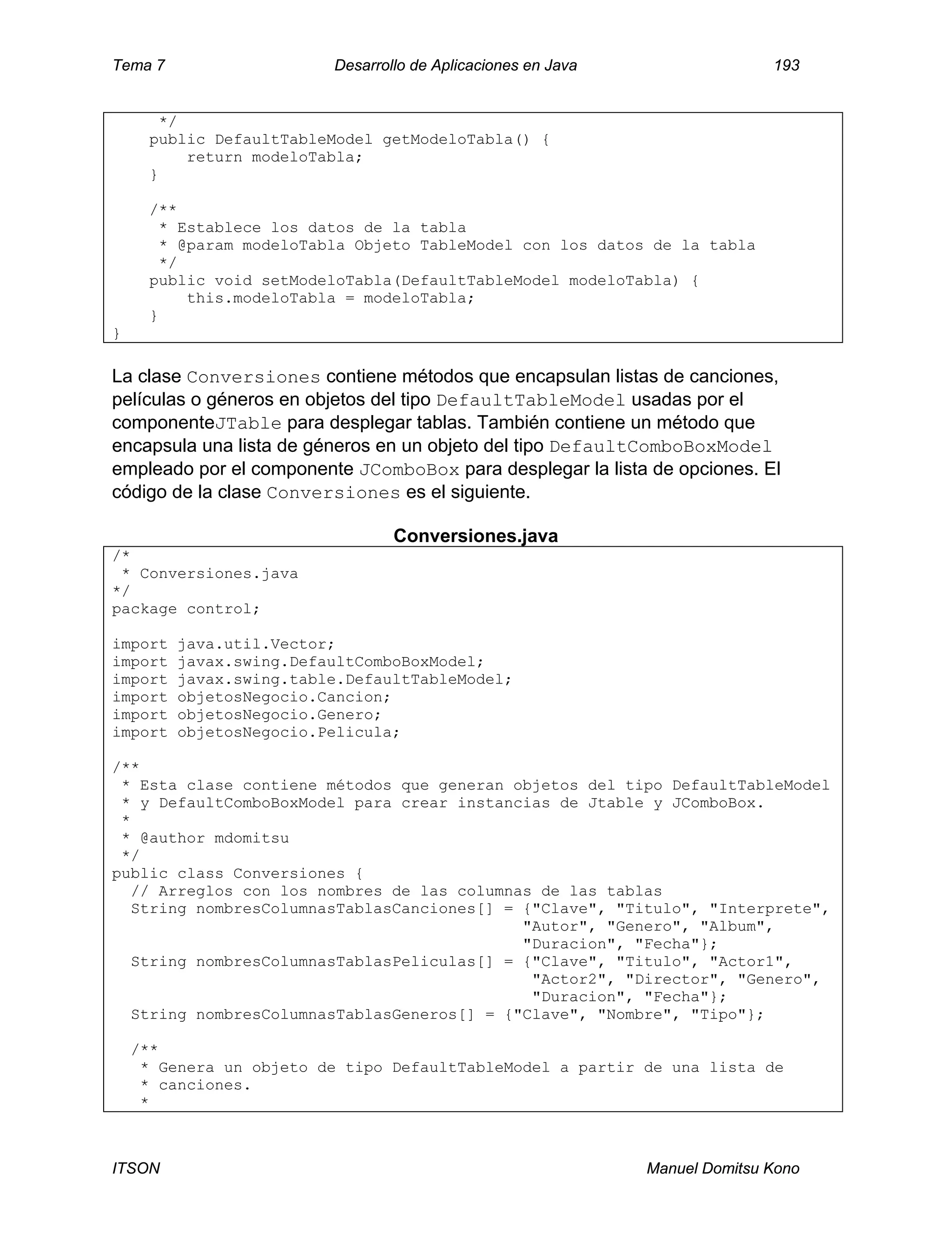 Tema 7 Desarrollo de Aplicaciones en Java 193
ITSON Manuel Domitsu Kono
*/
public DefaultTableModel getModeloTabla() {
return modeloTabla;
}
/**
* Establece los datos de la tabla
* @param modeloTabla Objeto TableModel con los datos de la tabla
*/
public void setModeloTabla(DefaultTableModel modeloTabla) {
this.modeloTabla = modeloTabla;
}
}
La clase Conversiones contiene métodos que encapsulan listas de canciones,
películas o géneros en objetos del tipo DefaultTableModel usadas por el
componenteJTable para desplegar tablas. También contiene un método que
encapsula una lista de géneros en un objeto del tipo DefaultComboBoxModel
empleado por el componente JComboBox para desplegar la lista de opciones. El
código de la clase Conversiones es el siguiente.
Conversiones.java
/*
* Conversiones.java
*/
package control;
import java.util.Vector;
import javax.swing.DefaultComboBoxModel;
import javax.swing.table.DefaultTableModel;
import objetosNegocio.Cancion;
import objetosNegocio.Genero;
import objetosNegocio.Pelicula;
/**
* Esta clase contiene métodos que generan objetos del tipo DefaultTableModel
* y DefaultComboBoxModel para crear instancias de Jtable y JComboBox.
*
* @author mdomitsu
*/
public class Conversiones {
// Arreglos con los nombres de las columnas de las tablas
String nombresColumnasTablasCanciones[] = {"Clave", "Titulo", "Interprete",
"Autor", "Genero", "Album",
"Duracion", "Fecha"};
String nombresColumnasTablasPeliculas[] = {"Clave", "Titulo", "Actor1",
"Actor2", "Director", "Genero",
"Duracion", "Fecha"};
String nombresColumnasTablasGeneros[] = {"Clave", "Nombre", "Tipo"};
/**
* Genera un objeto de tipo DefaultTableModel a partir de una lista de
* canciones.
*
 