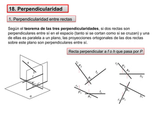 18. Perpendicularidad1. Perpendicularidad entre rectasSegún el teorema de las tres perpendicularidades, si dos rectas son perpendiculares entre sí en el espacio (tanto si se cortan como si se cruzan) y una de ellas es paralela a un plano, las proyecciones ortogonales de las dos rectas sobre este plano son perpendiculares entre sí.A2A2P2P2rr2r1r2h2f2A1A1r1Recta perpendicular a f o h que pasa por P αP1ss’h1f1P1r’