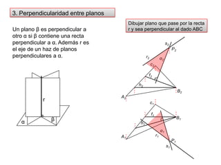 P23. Perpendicularidad entre planosDibujar plano que pase por la recta r y sea perpendicular al dado ABCUn plano βes perpendicular a otro αsi β contiene una recta perpendicular a α. Además r es el eje de un haz de planos perpendiculares a α.f2h2c2s2r2B2f1A2rh1c1P1α2B1βαA1r1s1α1
