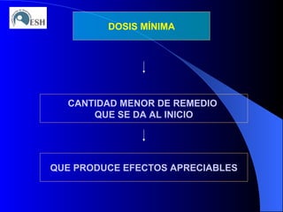 DOSIS MÍNIMA CANTIDAD MENOR DE REMEDIO  QUE SE DA AL INICIO QUE PRODUCE EFECTOS APRECIABLES 