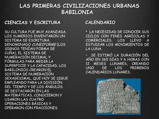 LAS PRIMERAS CIVILIZACIONES URBANAS BABILONIA  LA NECESIDAD DE CONOCER SUS CICLOS CON FINES AGRÍCOLAS Y COMERCIALES, LOS LLEVO A ESTUDIAR LOS MOVIMIENTOS DE LA LUNA. SE ESTIMÓ LA DURACIÓN DEL AÑO EN 365 DÍAS Y 6 HORAS CON 12 MESES LUNARES, CREANDO UNO DE LOS PRIMEROS CALENDARIOS LUNARES. CALENDARIO SU CULTURA FUE MUY AVANZADA. LOS SUMERIOS INVENTARON UN SISTEMA DE ESCRITURA, DENOMINADO  CUNEIFORME  (LOS SIGNOS TENÍAN FORMA DE CUÑA), EL SISTEMA DE NUMERACIÓN DECIMAL Y FÓRMULAS PARA MEDIR LA SUPERFICIE Y LA CAPACIDAD. LOS BABILONIOS CREARON EL SISTEMA DE NUMERACIÓN SEXAGESIMAL, QUE HOY SE SIGUE EMPLEANDO PARA LA DIVISIÓN DEL TIEMPO Y DE LOS ÁNGULOS.  SE DESTACARON EN LAS MATEMÁTICAS, CONOCIERON Y USARON LAS CUATRO OPERACIONES BÁSICAS Y OPERARON CON FRACCIONES. CIENCIAS Y ESCRITURA 