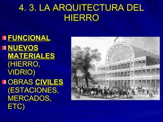4. 3. LA ARQUITECTURA DEL HIERRO FUNCIONAL NUEVOS MATERIALES  (HIERRO, VIDRIO) OBRAS  CIVILES  (ESTACIONES, MERCADOS, ETC) 