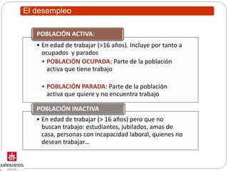 El desempleo
• En edad de trabajar (>16 años). Incluye por tanto a
ocupados y parados
• POBLACIÓN OCUPADA: Parte de la población
activa que tiene trabajo
• POBLACIÓN PARADA: Parte de la población
activa que quiere y no encuentra trabajo
POBLACIÓN ACTIVA:
• En edad de trabajar (> 16 años) pero que no
buscan trabajo: estudiantes, jubilados, amas de
casa, personas con incapacidad laboral, quienes no
desean trabajar…
POBLACIÓN INACTIVA
 
