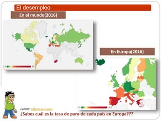 El desempleo
Fuente: datosmacro.com
¿Sabes cuál es la tasa de paro de cada país en Europa???
En el mundo(2016)
En Europa(2016)
 