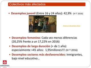 Colectivos más afectados
 Desempleo juvenil (Entre 16 y 24 años): 42,9% (IV T 2016)
Antena 3 (diciembre 2011)
 Desempleo femenino: Cada vez menos diferencias
(20,25% frente a un 17,22% en 2016)
 Desempleo de larga duración (+ de 1 año)
especialmente >45 años: 1,95millones!!! (IV T 2016)
 Desempleo sectores más desfavorecidos: inmigrantes,
bajo nivel educativo…
 