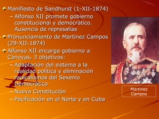 Manifiesto de Sandhurst (1-XII-1874)Manifiesto de Sandhurst (1-XII-1874)
– Alfonso XII promete gobiernoAlfonso XII promete gobierno
constitucional y democrático.constitucional y democrático.
Ausencia de represaliasAusencia de represalias
Pronunciamiento de Martínez CamposPronunciamiento de Martínez Campos
(29-XII-1874)(29-XII-1874)
Alfonso XII encarga gobierno aAlfonso XII encarga gobierno a
Cánovas, 3 objetivos:Cánovas, 3 objetivos:
– Adaptación del sistema a laAdaptación del sistema a la
realidad política y eliminaciónrealidad política y eliminación
radicalismos del Sexenioradicalismos del Sexenio
DemocráticoDemocrático
– Nueva ConstituciónNueva Constitución
– Pacificación en el Norte y en CubaPacificación en el Norte y en Cuba
Martínez
Campos
 