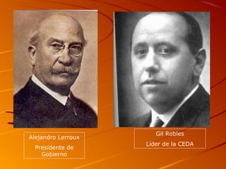 Alejandro Lerroux
Presidente de
Gobierno
Gil Robles
Líder de la CEDA
 