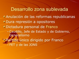 Desarrollo zona sublevada
Anulación de las reformas republicanas
Dura represión a opositores
Dictadura personal de Franco
– Caudillo, Jefe de Estado y de Gobierno,
Generalísimo
Partido único dirigido por Franco
– FET y de las JONS
 