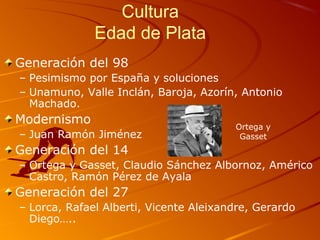 Cultura
Edad de Plata
Generación del 98
– Pesimismo por España y soluciones
– Unamuno, Valle Inclán, Baroja, Azorín, Antonio
Machado.
Modernismo
– Juan Ramón Jiménez
Generación del 14
– Ortega y Gasset, Claudio Sánchez Albornoz, Américo
Castro, Ramón Pérez de Ayala
Generación del 27
– Lorca, Rafael Alberti, Vicente Aleixandre, Gerardo
Diego…..
Ortega y
Gasset
 