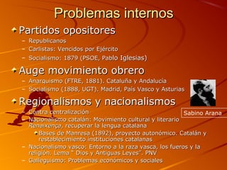 Problemas internosProblemas internos
Partidos opositoresPartidos opositores
– RepublicanosRepublicanos
– Carlistas: Vencidos por EjércitoCarlistas: Vencidos por Ejército
– Socialismo: 1879 (PSOE, PabSocialismo: 1879 (PSOE, Pablo Iglesias)lo Iglesias)
Auge movimiento obreroAuge movimiento obrero
– Anarquismo (FTRE, 1881). Cataluña y AndalucíaAnarquismo (FTRE, 1881). Cataluña y Andalucía
– Socialismo (1888, UGT). Madrid, País Vasco y AsturiasSocialismo (1888, UGT). Madrid, País Vasco y Asturias
Regionalismos y nacionalismosRegionalismos y nacionalismos
– Contra centralizaciónContra centralización
– Nacionalismo catalán: Movimiento cultural y literarioNacionalismo catalán: Movimiento cultural y literario
RenaixençaRenaixença, recuperar la lengua catalana, recuperar la lengua catalana
Bases de Manresa (1892), proyecto autonómico. Catalán yBases de Manresa (1892), proyecto autonómico. Catalán y
restablecimiento instituciones catalanasrestablecimiento instituciones catalanas
– Nacionalismo vasco: Entorno a la raza vasca, los fueros y laNacionalismo vasco: Entorno a la raza vasca, los fueros y la
religión. Lema “ Dios y Antiguas Leyes”. PNVreligión. Lema “ Dios y Antiguas Leyes”. PNV
– Galleguismo: Problemas económicos y socialesGalleguismo: Problemas económicos y sociales
Sabino Arana
 
