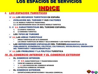 LOS ESPACIOS DE SERVICIOS INDICE LOS ESPACIOS TURÍSTICOS       LOS  RECURSOS TURÍSTICOS  EN ESPAÑA EVOLUCIÓN DEL TURISMO  Y SUS  FACTORES 2.1. EL MODELO TURÍSTICO TRADICIONAL 2.2. LA RECONVERSIÓN HACIA UN NUEVO MODELO TURÍSTICO 3.        CARACTERÍSTICA S  DEL TURISMO ESPAÑOL: LA OFERTA TURÍSTICA LA DEMANDA TURÍSTICA LOS  TIPOS DE TURISMO       LAS  ÁREAS TURÍSTICAS ÁREAS TURÍSTICAS DE ALTA DENSIDAD LAS ÁREAS TURÍSTICAS DE MEDIA Y BAJA DENSIDAD Y LOS PUNTOS TURÍSTICOS LAS  REPERCUSIONES ESPACIALES  DEL TURISMO: DEMOGRÁFICAS,EN EL POBLAMIENTO, ECONÓMICAS, POLÍTICAS, CULTURALES, SOCIOLÓGICAS, ORDENACIÓN DEL TERRITORIO Y MEDIOAMBIENTALES       LOS  PROBLEMAS Y LA POLÍTICA  TURÍSTICA IV. EL COMERCIO INTERIOR Y EL COMERCIO EXTERIOR EL  COMERCIO INTERIOR :       CARACTERÍSTICAS Y TRANSFORMACIONES TIPOS DE COMERCIO INTERIOR       LOS ESPACIOS DEL COMERCIO INTERIOR LA POLÍTICA COMERCIAL INTERIOR EL  COMERCIO EXTERIOR : EXPORTACIONES,IMPORTACIONES Y BALANZA COMERCIAL       LAS ÁREAS DEL  COMERCIO EXTERIOR LA POLÍTICA COMERCIAL EXTERIOR 