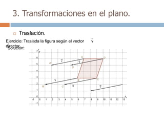 3. Transformaciones en el plano.

       Traslación.
Ejercicio: Traslada la figura según el vector   v
director .
 Solución:
 