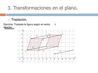 3. Transformaciones en el plano.

       Traslación.
Ejercicio: Traslada la figura según el vector   v
director .
 Solución:
 