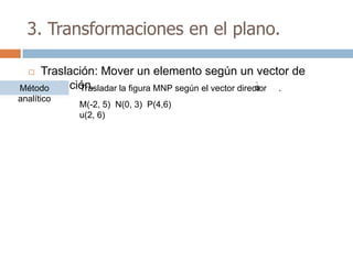 3. Transformaciones en el plano.

   Traslación: Mover un elemento según un vector de
    traslación.
Método                                                   u
            Trasladar la figura MNP según el vector director .
analítico
            M(-2, 5) N(0, 3) P(4,6)
            u(2, 6)
 