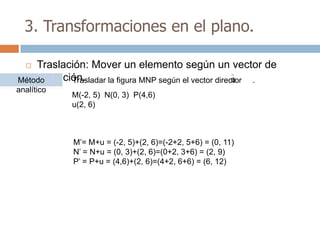 3. Transformaciones en el plano.

   Traslación: Mover un elemento según un vector de
    traslación.
Método                                                   u
            Trasladar la figura MNP según el vector director .
analítico
            M(-2, 5) N(0, 3) P(4,6)
            u(2, 6)



             M’= M+u = (-2, 5)+(2, 6)=(-2+2, 5+6) = (0, 11)
             N’ = N+u = (0, 3)+(2, 6)=(0+2, 3+6) = (2, 9)
             P’ = P+u = (4,6)+(2, 6)=(4+2, 6+6) = (6, 12)
 