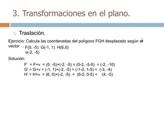 3. Transformaciones en el plano.

     Traslación.
                                                                      v
Ejercicio: Calcula las coordenadas del polígono FGH desplazado según el
vector . F(0, -5) G(-1, 1) H(6,0)
         v(-2, -5)
Solución:
        F’ = F+v = (0, -5)+(-2, -5) = (0-2, -5-5) = (-2, -10)
        G’ = G+v = (-1, 1)+(-2, -5) = (-1-2, 1-5) = (-3, -4)
        H’ = H+v = (6, 0)+(-2, -5) = (6-2, 0-5) = (4, -5)
 