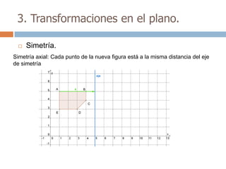 3. Transformaciones en el plano.

     Simetría.
Simetría axial: Cada punto de la nueva figura está a la misma distancia del eje
de simetría
 