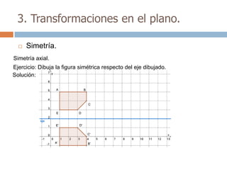 3. Transformaciones en el plano.

     Simetría.
Simetría axial.
Ejercicio: Dibuja la figura simétrica respecto del eje dibujado.
Solución:
 