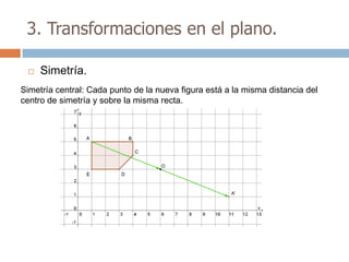 3. Transformaciones en el plano.

    Simetría.
Simetría central: Cada punto de la nueva figura está a la misma distancia del
centro de simetría y sobre la misma recta.
 