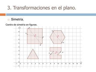 3. Transformaciones en el plano.

    Simetría.
Centro de simetría en figuras.
 