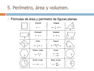 5. Perímetro, área y volumen.

   Fórmulas de área y perímetro de figuras planas.
 