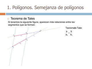 1. Polígonos. Semejanza de polígonos

   Teorema de Tales
Si tenemos la siguiente figura, aparecen más relaciones entre los
segmentos que se forman:
                                                        Teorema Tales
                                                                de
                                                        a b
                                                        a1 b1
 