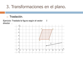 3. Transformaciones en el plano.

       Traslación.
Ejercicio: Traslada la figura según el vector   v
director .
 