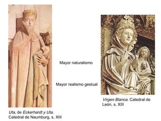 Mayor naturalismo




                         Mayor realismo gestual


                                                  Virgen Blanca. Catedral de
                                                  León, s. XIII
Uta, de Eckerhardt y Uta.
Catedral de Naumburg, s. XIII
 