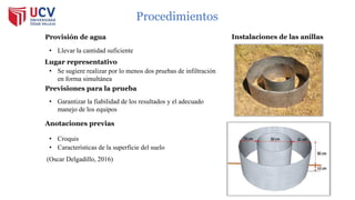 Procedimientos
Provisión de agua
Lugar representativo
Previsiones para la prueba
Anotaciones previas
Instalaciones de las anillas
(Oscar Delgadillo, 2016)
• Llevar la cantidad suficiente
• Se sugiere realizar por lo menos dos pruebas de infiltración
en forma simultánea
• Croquis
• Características de la superficie del suelo
• Garantizar la fiabilidad de los resultados y el adecuado
manejo de los equipos
 
