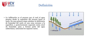 Definición
• La infiltración es el proceso por el cual el agua
penetra desde la superficie del terreno hacia el
suelo. En una primera etapa satisface la deficiencia
de humedad del suelo en una zona cercana a la
superficie, y posteriormente superado cierto nivel
de humedad, pasa a formar parte del agua
subterránea, saturando los espacios vacíos.
 