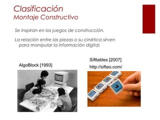 Clasificación
Montaje Constructivo
Se inspiran en los juegos de construcción.
La relación entre las piezas o su cinética s...