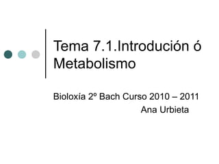 Tema 7.1.Introdución ó Metabolismo Bioloxía 2º Bach Curso 2010 – 2011 Ana Urbieta  