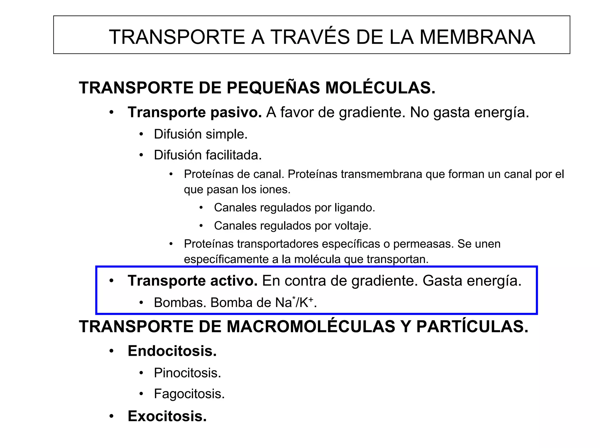 TRANSPORTE A TRAVÉS DE LA MEMBRANA

TRANSPORTE DE PEQUEÑAS MOLÉCULAS.
  • Transporte pasivo. A favor de gradiente. No gasta energía.
      • Difusión simple.
      • Difusión facilitada.
           • Proteínas de canal. Proteínas transmembrana que forman un canal por el
             que pasan los iones.
                • Canales regulados por ligando.
                • Canales regulados por voltaje.
           • Proteínas transportadores específicas o permeasas. Se unen
             específicamente a la molécula que transportan.
  • Transporte activo. En contra de gradiente. Gasta energía.
      • Bombas. Bomba de Na*/K+.
TRANSPORTE DE MACROMOLÉCULAS Y PARTÍCULAS.
  • Endocitosis.
      • Pinocitosis.
      • Fagocitosis.
  • Exocitosis.
 