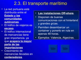 Las instalaciones Off-shore . Disponen de buenas comunicaciones con el hinterland y grandes grúas. Permiten desembarcar un container y ponerlo en ruta en apenas 48 horas. Ejemplos: Valencia, Algeciras. 2.3. El transporte marítimo La red portuaria está distribuida entre el  Estado y las comunidades autónomas . El tráfico de viajeros es  escaso . El tráfico internacional de mercancías tiene gran importancia, ya que  acapara la mayor parte de las importaciones Crecimiento de mercancías llevadas en  contenedores . 