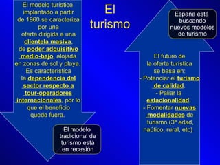 El turismo El modelo turístico implantado a partir de 1960 se caracteriza por una oferta dirigida a una clientela masiva , de  poder adquisitivo medio-bajo , alojada en zonas de sol y playa. Es característica la  dependencia del sector respecto a tour-operadores internacionales , por lo que el beneficio queda fuera.   El futuro de la oferta turística se basa en: - Potenciar el  turismo de calidad .  - Paliar la  estacionalidad .  - Fomentar  nuevas modalidades  de turismo (3ª edad, naútico, rural, etc) .  España está  buscando nuevos modelos de turismo El modelo tradicional de turismo está en recesión 