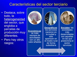 Destaca, sobre todo, la  heterogeneidad  del sector, que engloba a parcelas de producción muy diferentes. Pero hay otros rasgos: Características del sector terciario 