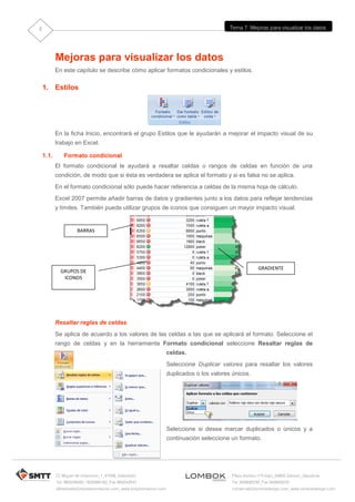 2                                                                                            Tema 7: Mejoras para visualizar los datos




           Mejoras para visualizar los datos
           En este capítulo se describe cómo aplicar formatos condicionales y estilos.

    1. Estilos




           En la ficha Inicio, encontrará el grupo Estilos que le ayudarán a mejorar el impacto visual de su
           trabajo en Excel.

    1.1.      Formato condicional
           El formato condicional le ayudará a resaltar celdas o rangos de celdas en función de una
           condición, de modo que si ésta es verdadera se aplica el formato y si es falsa no se aplica.
           En el formato condicional sólo puede hacer referencia a celdas de la misma hoja de cálculo.
           Excel 2007 permite añadir barras de datos y gradientes junto a los datos para reflejar tendencias
           y límites. También puede utilizar grupos de iconos que consiguen un mayor impacto visual.


                     BARRAS




                                                                                                            GRADIENTE
             GRUPOS DE
              ICONOS




           Resaltar reglas de celdas
           Se aplica de acuerdo a los valores de las celdas a las que se aplicará el formato. Seleccione el
           rango de celdas y en la herramienta Formato condicional seleccione Resaltar reglas de
                                                                     celdas.
                                                                     Seleccione Duplicar valores para resaltar los valores
                                                                     duplicados o los valores únicos.




                                                                     Seleccione si desea marcar duplicados o únicos y a
                                                                     continuación seleccione un formato.




           C/ Miguel de Unamuno, 1_47008_Valladolid                                           Plaza Iturrilun nº5 bajo_20800 Zarautz_Gipuzkoa
           Tel. 983249455 / 625569162_Fax 983243547                                           Tel. 943830230_Fax 943830233
           alfredovela@revistaformacion.com_www.ticsyformacion.com                            comercial@lombokdesign.com_www.lombokdesign.com
 