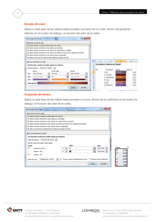 5                                                                         Tema 7: Mejoras para visualizar los datos




    Escalas de color
    Aplica a cada dato de las celdas seleccionadas una barra de un color, dentro del gradiente
    definido en el cuadro de diálogo, en función del valor de la celda.




    Conjuntos de iconos
    Aplica a cada dato de las celdas seleccionadas un icono, dentro de los definidos en el cuadro de
    diálogo, en función del valor de la celda.




    C/ Miguel de Unamuno, 1_47008_Valladolid                              Plaza Iturrilun nº5 bajo_20800 Zarautz_Gipuzkoa
    Tel. 983249455 / 625569162_Fax 983243547                              Tel. 943830230_Fax 943830233
    alfredovela@revistaformacion.com_www.ticsyformacion.com               comercial@lombokdesign.com_www.lombokdesign.com
 