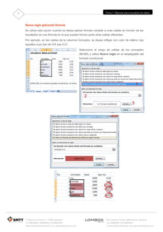 6                                                                                   Tema 7: Mejoras para visualizar los datos




    Nueva regla aplicando fórmula
    Se utiliza esta opción cuando se desea aplicar formato variable a unas celdas en función de los
    resultados de una fórmula en la que pueden formar parte otras celdas diferentes.
    Por ejemplo, en las celdas de la columna Concepto, se desea reflejar con color de relleno rojo
    aquellos cuyo tipo de IVA sea 0,21.
                                                              Seleccione el rango de celdas de los conceptos
                                                              (B4:B9) y utilice Nueva regla en el desplegable del
                                                              formato condicional




    C/ Miguel de Unamuno, 1_47008_Valladolid                                        Plaza Iturrilun nº5 bajo_20800 Zarautz_Gipuzkoa
    Tel. 983249455 / 625569162_Fax 983243547                                        Tel. 943830230_Fax 943830233
    alfredovela@revistaformacion.com_www.ticsyformacion.com                         comercial@lombokdesign.com_www.lombokdesign.com
 