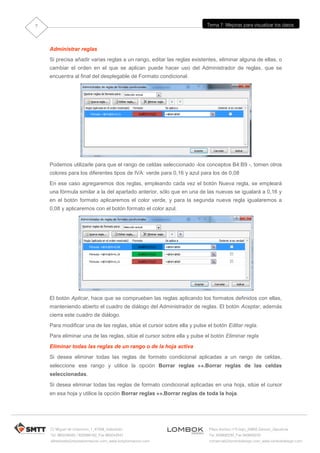 7                                                                       Tema 7: Mejoras para visualizar los datos




    Administrar reglas
    Si precisa añadir varias reglas a un rango, editar las reglas existentes, eliminar alguna de ellas, o
    cambiar el orden en el que se aplican puede hacer uso del Administrador de reglas, que se
    encuentra al final del desplegable de Formato condicional.




    Podemos utilizarle para que el rango de celdas seleccionado -los conceptos B4:B9 -, tomen otros
    colores para los diferentes tipos de IVA: verde para 0,16 y azul para los de 0,08
    En ese caso agregaremos dos reglas, empleando cada vez el botón Nueva regla, se empleará
    una fórmula similar a la del apartado anterior, sólo que en una de las nuevas se igualará a 0,16 y
    en el botón formato aplicaremos el color verde, y para la segunda nueva regla igualaremos a
    0,08 y aplicaremos con el botón formato el color azul.




    El botón Aplicar, hace que se comprueben las reglas aplicando los formatos definidos con ellas,
    manteniendo abierto el cuadro de diálogo del Administrador de reglas. El botón Aceptar, además
    cierra este cuadro de diálogo.
    Para modificar una de las reglas, sitúe el cursor sobre ella y pulse el botón Editar regla.
    Para eliminar una de las reglas, sitúe el cursor sobre ella y pulse el botón Eliminar regla
    Eliminar todas las reglas de un rango o de la hoja activa
    Si desea eliminar todas las reglas de formato condicional aplicadas a un rango de celdas,
    seleccione ese rango y utilice la opción Borrar reglas .Borrar reglas de las celdas
    seleccionadas.
    Si desea eliminar todas las reglas de formato condicional aplicadas en una hoja, sitúe el cursor
    en esa hoja y utilice la opción Borrar reglas .Borrar reglas de toda la hoja.




    C/ Miguel de Unamuno, 1_47008_Valladolid                             Plaza Iturrilun nº5 bajo_20800 Zarautz_Gipuzkoa
    Tel. 983249455 / 625569162_Fax 983243547                             Tel. 943830230_Fax 943830233
    alfredovela@revistaformacion.com_www.ticsyformacion.com              comercial@lombokdesign.com_www.lombokdesign.com
 