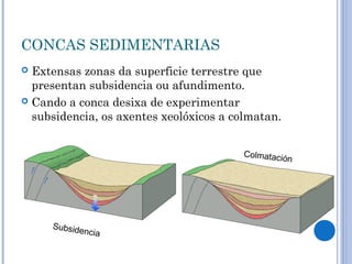 CONCAS SEDIMENTARIAS
 Extensas zonas da superficie terrestre que
  presentan subsidencia ou afundimento.
 Cando a conca desixa de experimentar
  subsidencia, os axentes xeolóxicos a colmatan.


                                         Colmatació
                                                   n




     Subside
             nci   a
 