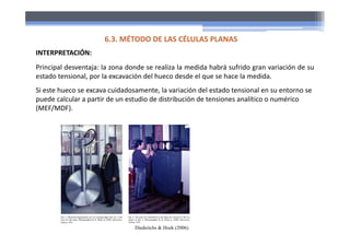 INTERPRETACIÓN:
Principal desventaja: la zona donde se realiza la medida habrá sufrido gran variación de su
estado tensional, por la excavación del hueco desde el que se hace la medida.
Si este hueco se excava cuidadosamente, la variación del estado tensional en su entorno se
puede calcular a partir de un estudio de distribución de tensiones analítico o numérico
(MEF/MDF).
6.3. MÉTODO DE LAS CÉLULAS PLANAS
Diederichs & Hoek (2006)
 