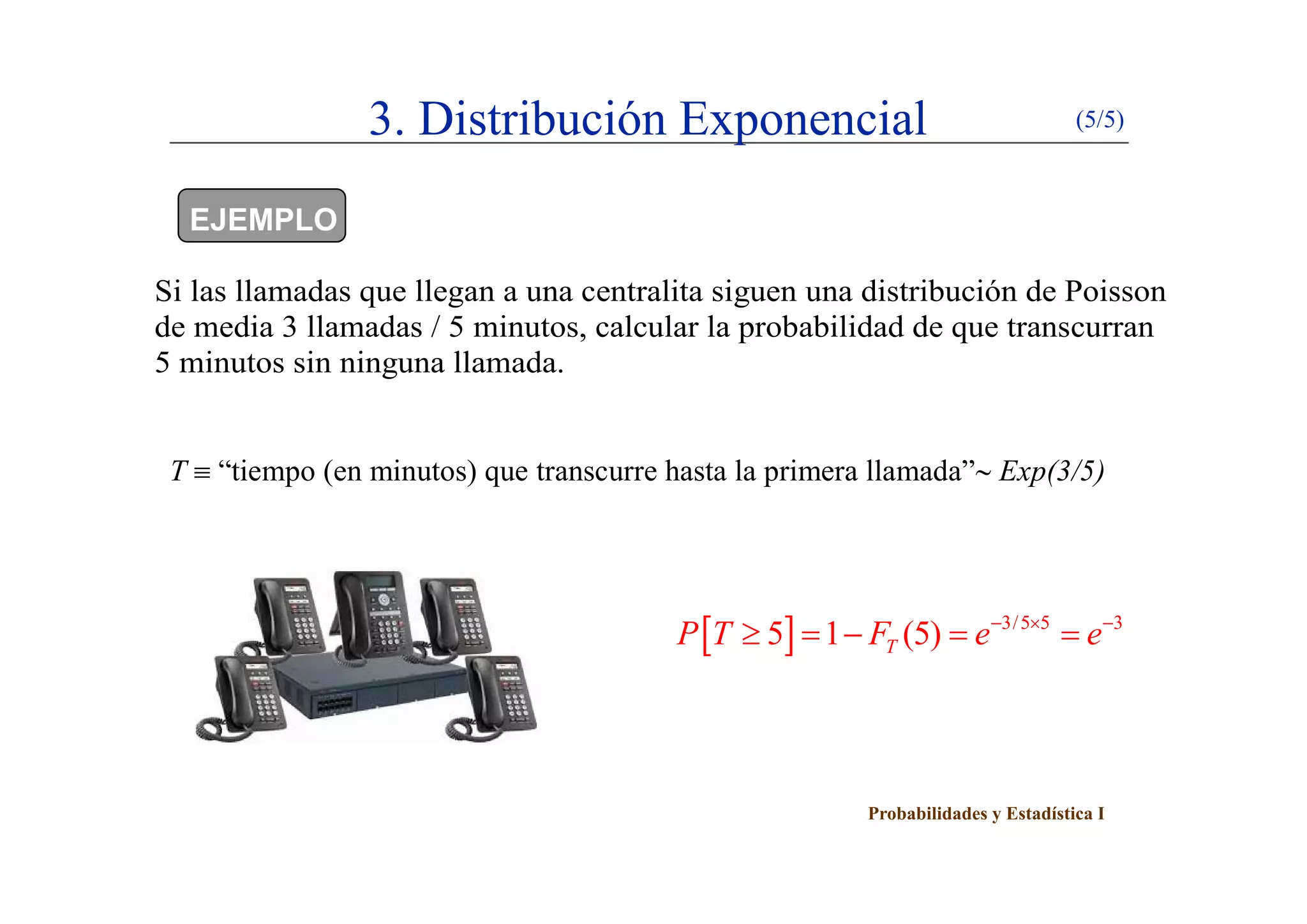 3. Distribución Exponencial (5/5)
EJEMPLO
Si las llamadas que llegan a una centralita siguen una distribución de Poisson
de media 3 llamadas / 5 minutos, calcular la probabilidad de que transcurran
5 i t i i ll d5 minutos sin ninguna llamada.
T “ i ( i ) h l i ll d ” E (3/5)T  “tiempo (en minutos) que transcurre hasta la primera llamada” Exp(3/5)
  3/5 5 3
5 1 (5)TP T F e e  
    
Probabilidades y Estadística I
 