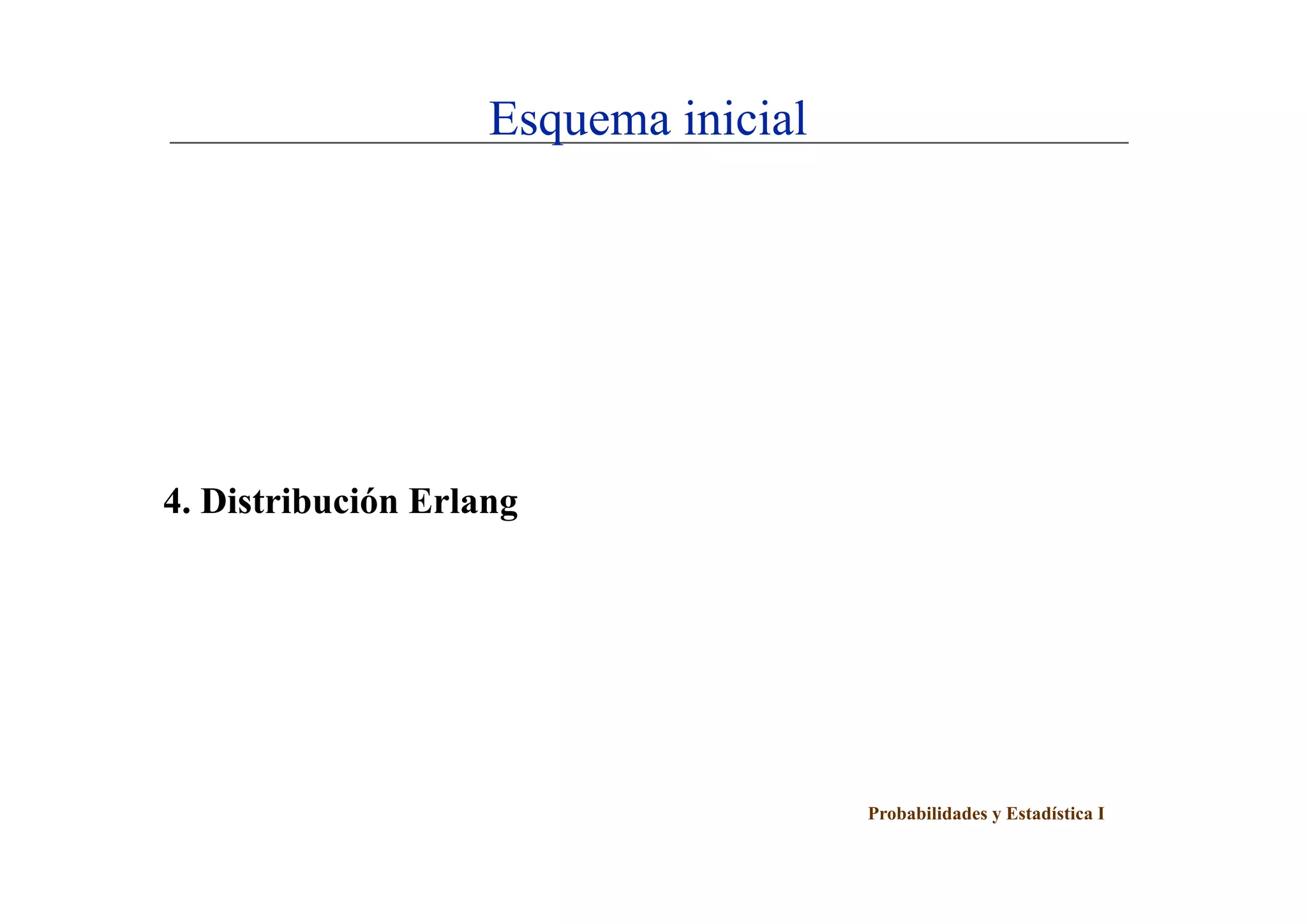 Esquema inicial
1 Di t ib ió U if1 Di t ib ió U if1 Di t ib ió U if1. Distribución Uniforme1. Distribución Uniforme1. Distribución Uniforme
2. Distribución Normal2. Distribución Normal2. Distribución Normal
3. Distribución Exponencial3. Distribución Exponencial3. Distribución Exponencial
4. Distribución Erlang
5. Distribución Gamma5. Distribución Gamma5. Distribución Gamma
6. Distribución Beta6. Distribución Beta6. Distribución Beta6. Distribución Beta6. Distribución Beta6. Distribución Beta
Probabilidades y Estadística I
 