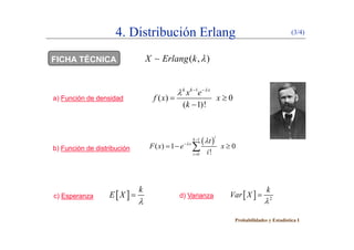 4. Distribución Erlang (3/4)
FICHA TÉCNICA ( , )X Erlang k 
) F ió d d id d
1
( ) 0
k k x
x e
f

  
a) Función de densidad ( ) 0
( 1)!
f x x
k
 

b) Función de distribución
 1
0
( ) 1 0
!
i
k
x
i
t
F x e x
i
 

  0 !i i
c) Esperanza d) Varianza 
k
E X

   2
k
Var X


Probabilidades y Estadística I
 