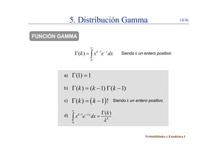 5. Distribución Gamma (4/4)
FUNCIÓN GAMMA
1
0
( ) k x
k x e dx

 
   Siendo k un entero positivo
0
(1) 1 a) ( )
( ) ( 1) ( 1)k k k    
)
b)
c)  ( ) 1 !k k   Siendo k un entero positivo
( )k


d) 1
0
( )k x
k
k
x e dx

  

Probabilidades y Estadística I
 