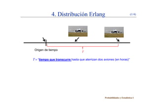 4. Distribución Erlang (1/4)
Origen de tiempo
T
T  “tiempo que transcurre hasta que aterrizan dos aviones (en horas)”
Probabilidades y Estadística I
 