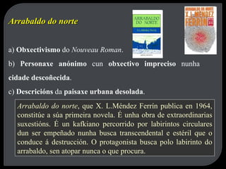 Arrabaldo do norte a)  Obxectivismo  do  Nouveau Roman . b)  Personaxe anónimo  cun  obxectivo impreciso  nunha  cidade descoñecida . c)  Descricións  da  paisaxe urbana desolada . Arrabaldo do norte , que X. L.Méndez Ferrín publica en 1964, constitúe a súa primeira novela. É unha obra de extraordinarias suxestións. É un kafkiano percorrido por labirintos circulares dun ser empeñado nunha busca transcendental e estéril que o conduce á destrucción. O protagonista busca polo labirinto do arrabaldo, sen atopar nunca o que procura.   